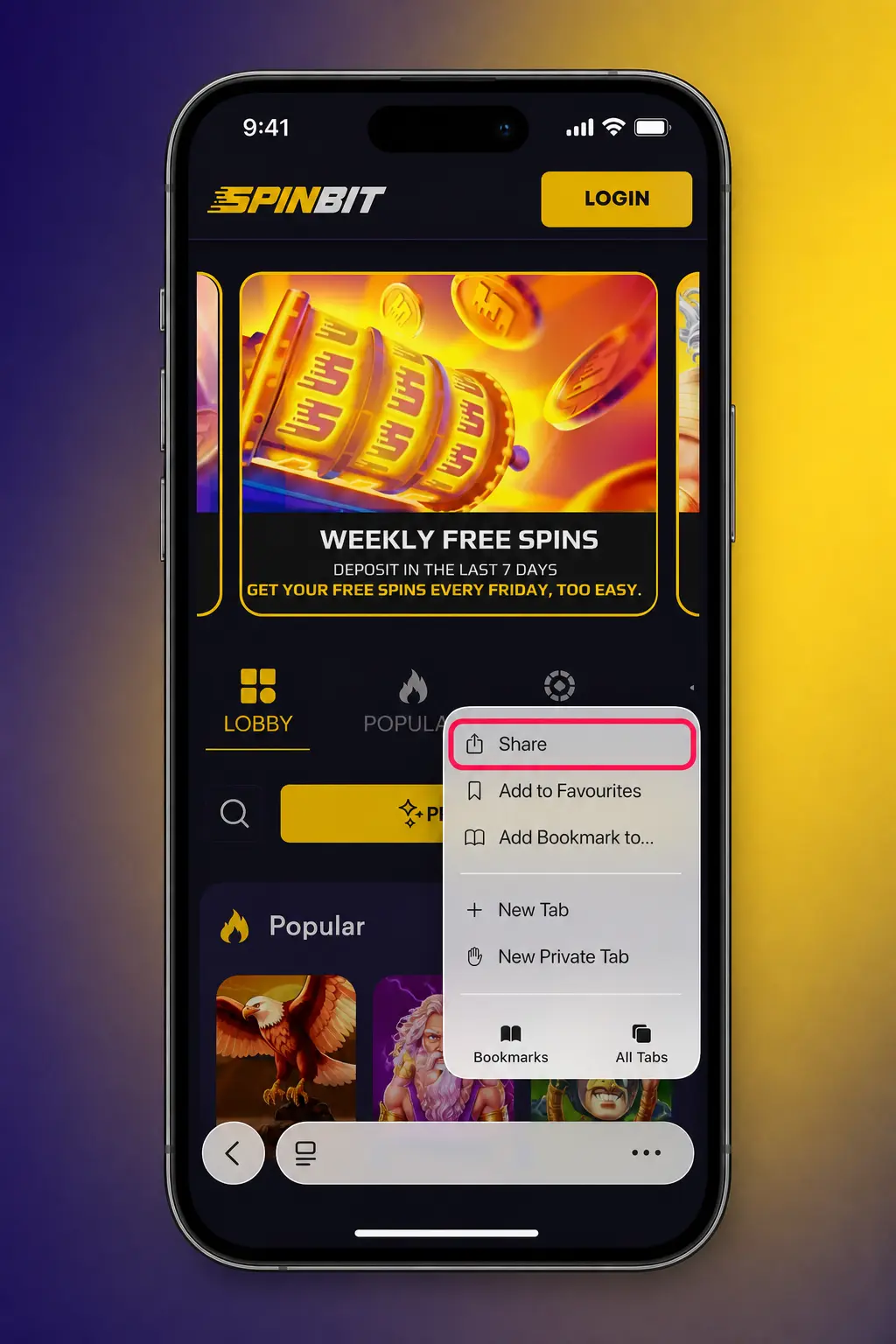 Step-by-step guide showing how to download and install the SpinBit app on iOS via Safari home screen.