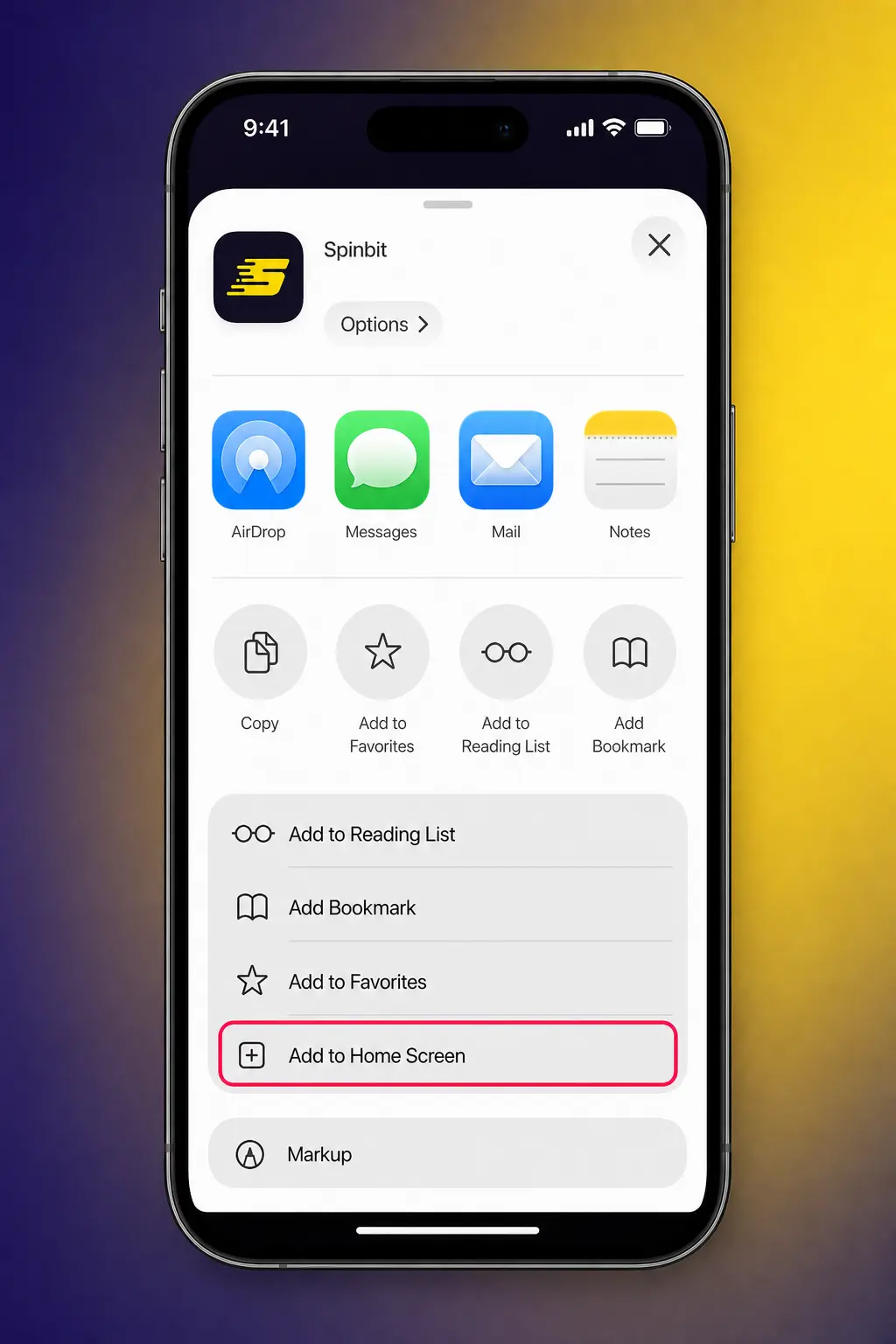 Step-by-step guide showing how to download and install the SpinBit app on iOS via Safari using Add to Home Screen.