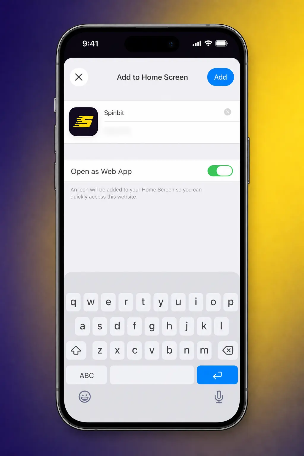 Step-by-step guide showing how to download and install the SpinBit app on iOS via Safari home screen setup.