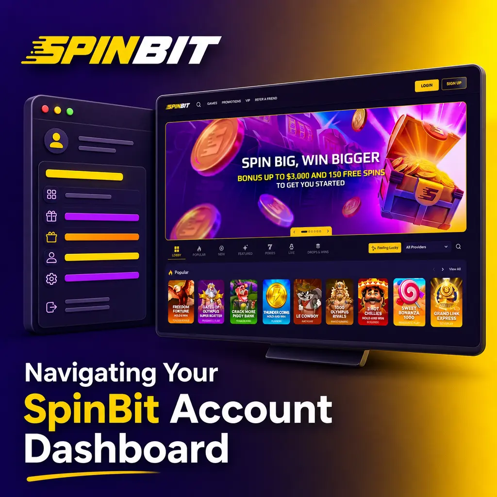 SpinBit account dashboard showing cashier, bet history, bonuses, VIP program, and responsible gambling tools.
