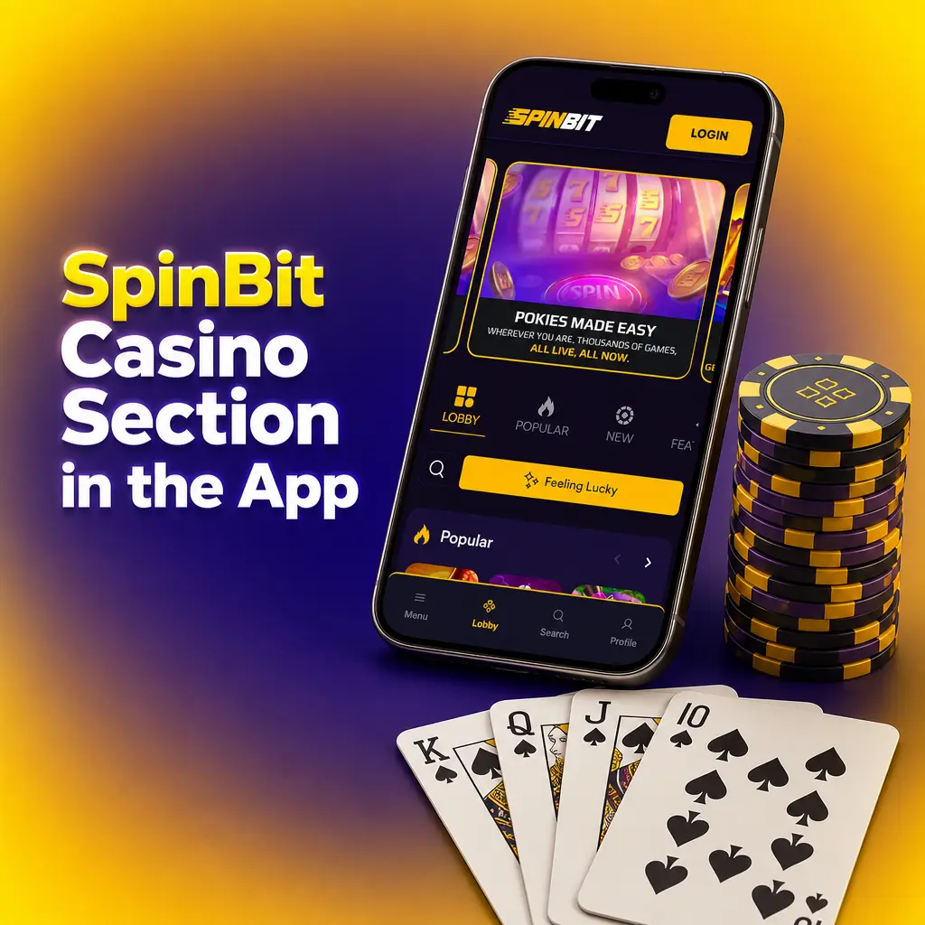 SpinBit Casino app section showing 3,000+ games organised into slots, table games, live casino, jackpots, and more categories.