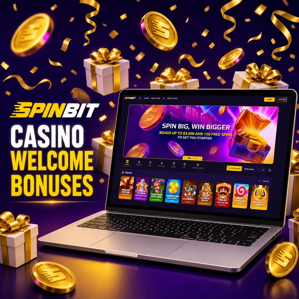 SpinBit Casino welcome bonuses: three deposit matches up to 400 NZD plus Free Spins on Starburst, Book of Dead, and Gonzo's Quest.