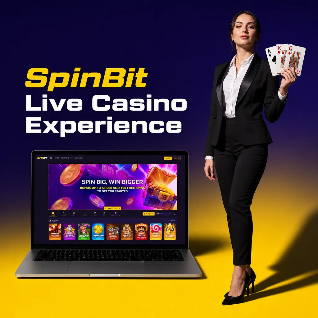 SpinBit live casino HD stream featuring dealer tables, roulette, blackjack, baccarat, and game shows from Evolution studios