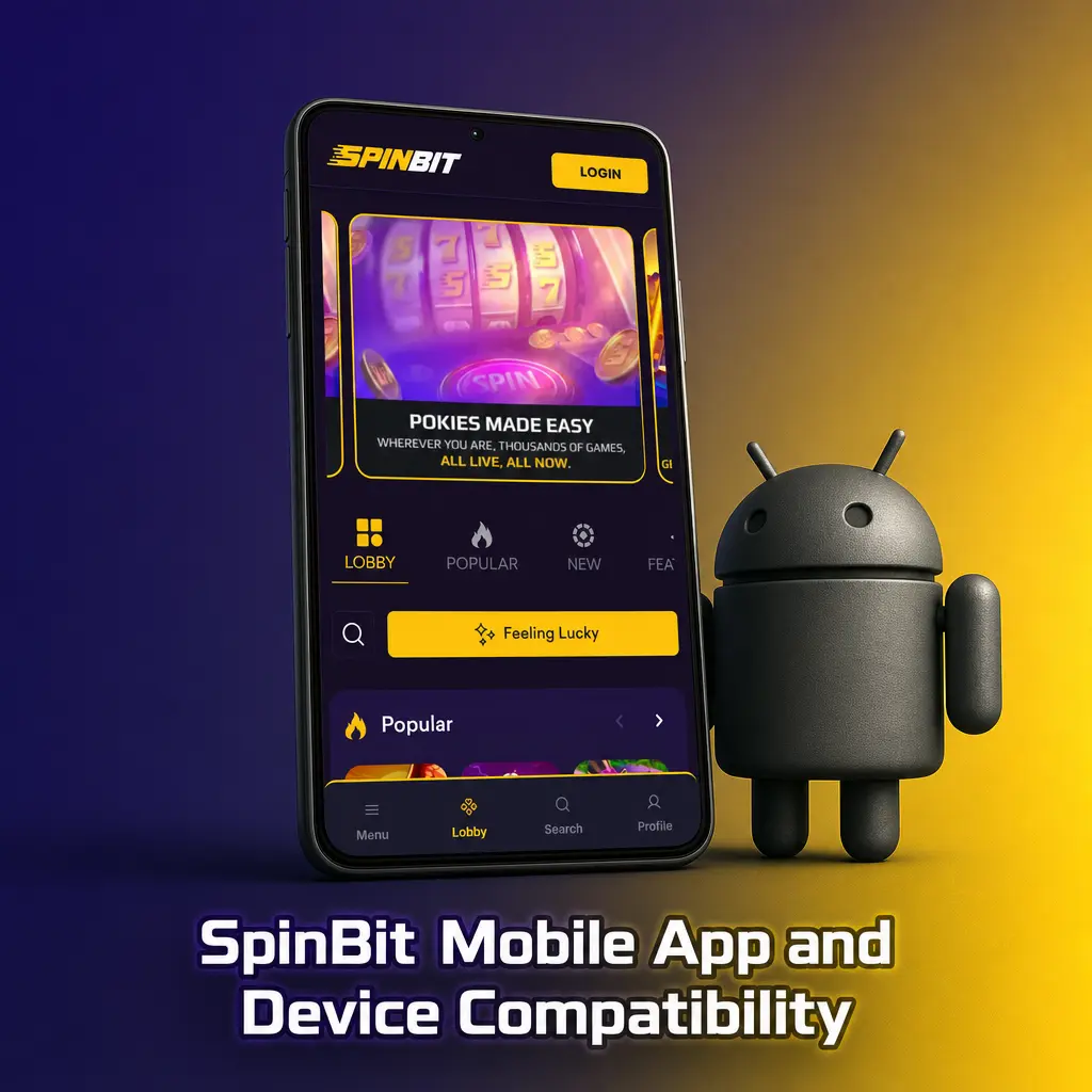 SpinBit Progressive Web App on a smartphone showing full game library, live dealer tables and sports betting markets