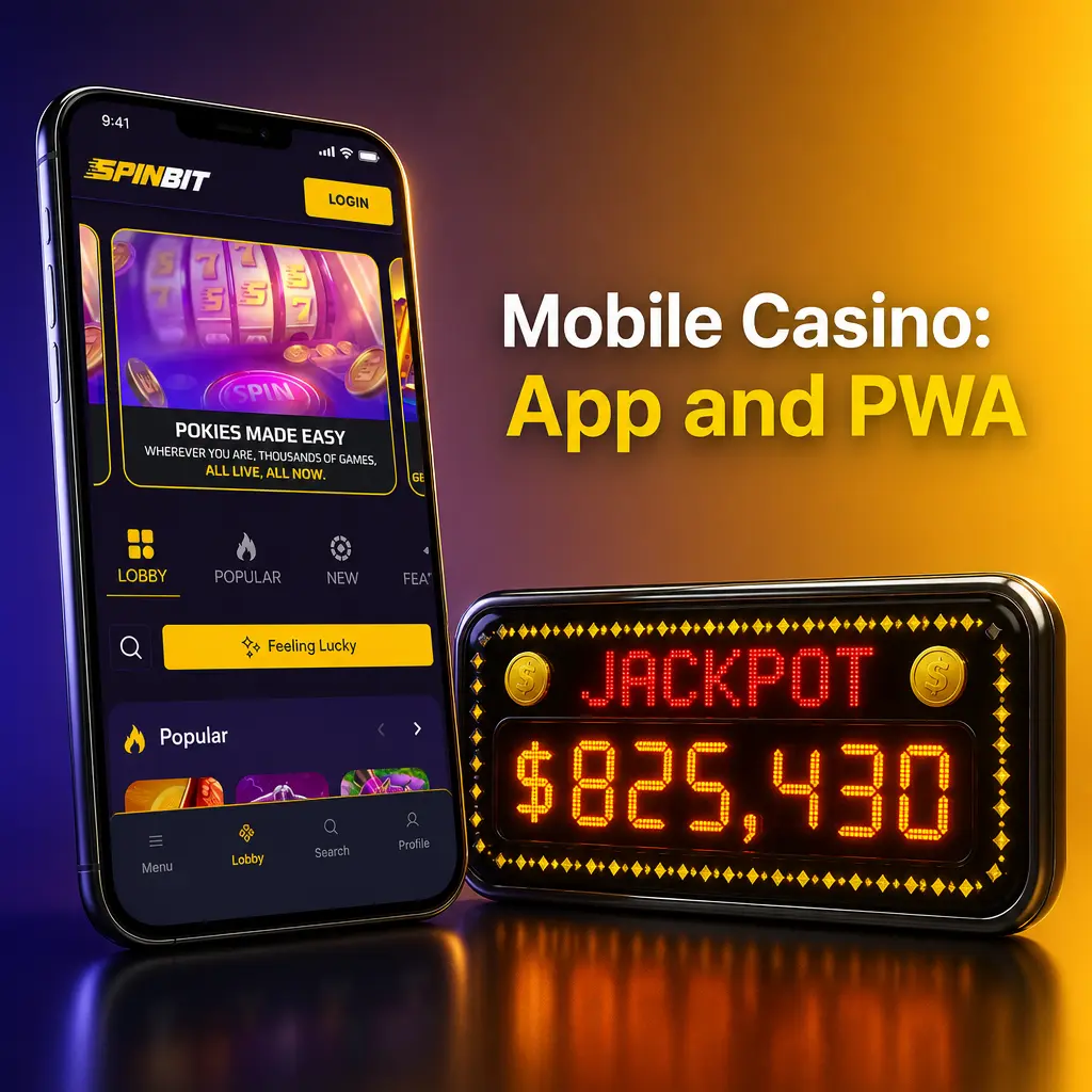 SpinBit mobile casino app interface showing PWA install for iOS and native APK for Android with slots and live games