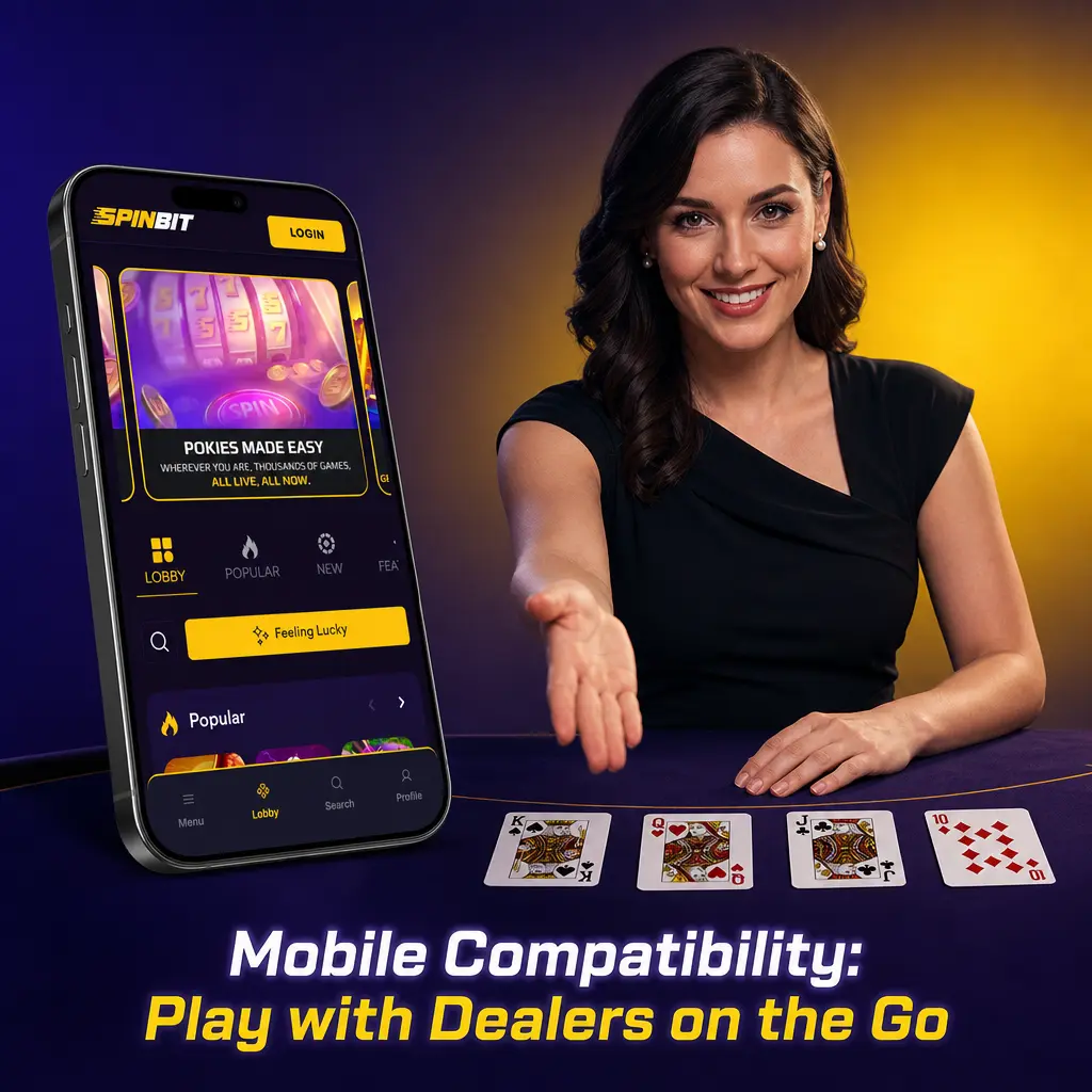 SpinBit mobile app showing live dealer table with vertical layout, bet panel below video feed, and active chat.