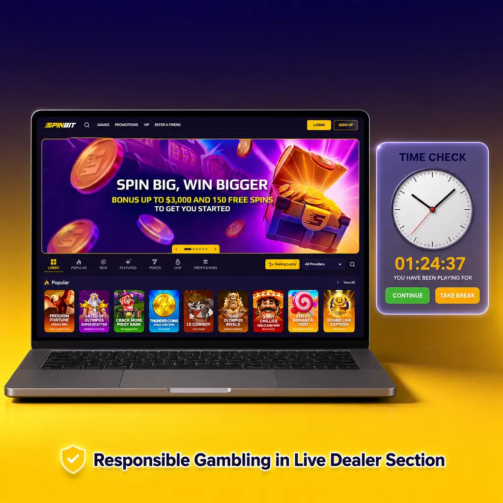 SpinBit live dealer lobby showing session time and bet limit settings for responsible gambling control